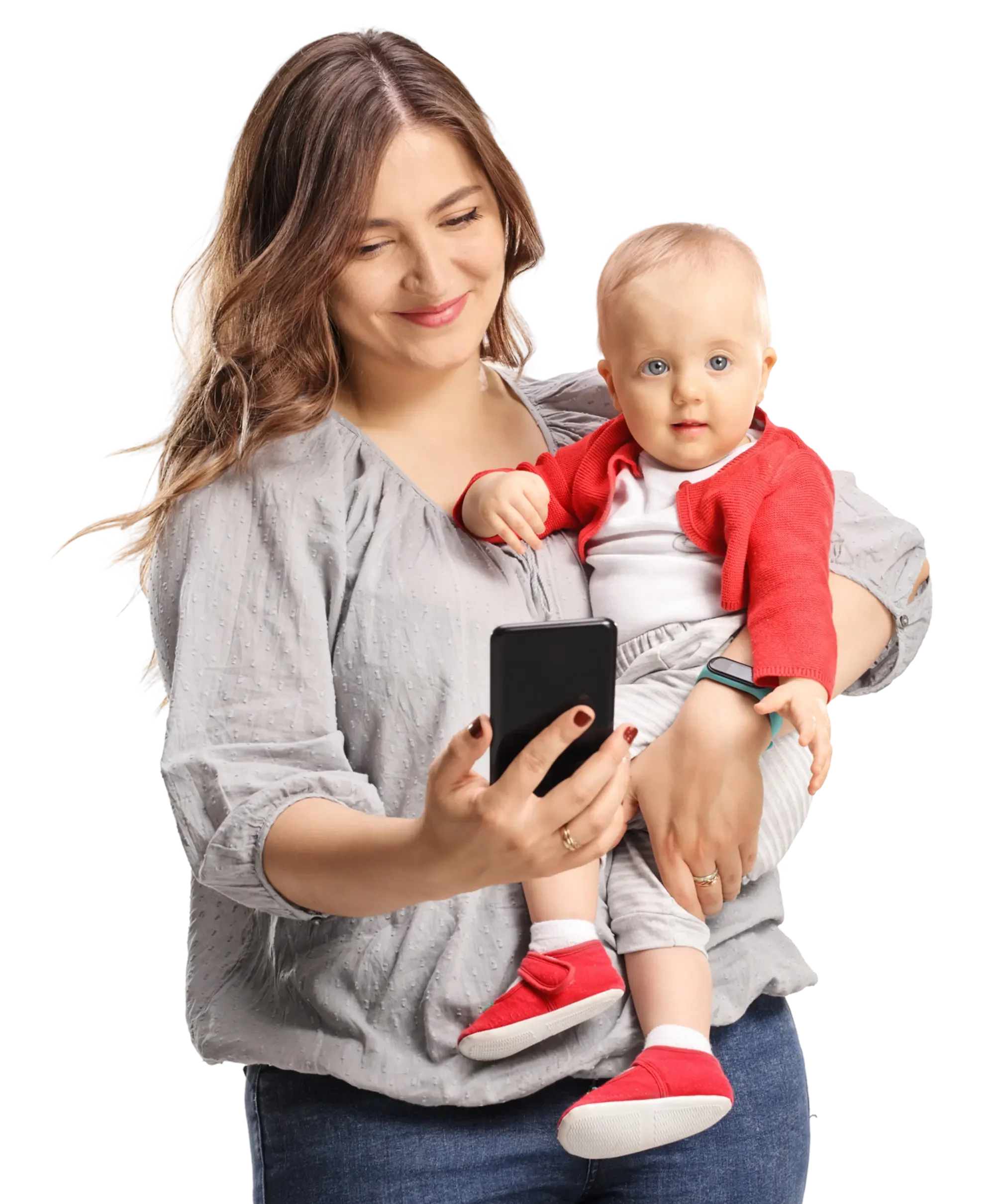 Mother holding baby, taking selfie together.
